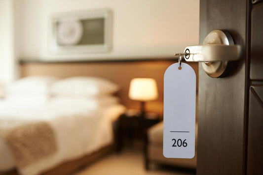 hotel room door with tag